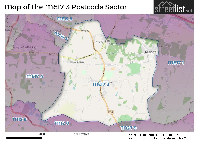 Map of the ME17 3 and surrounding postcode sector