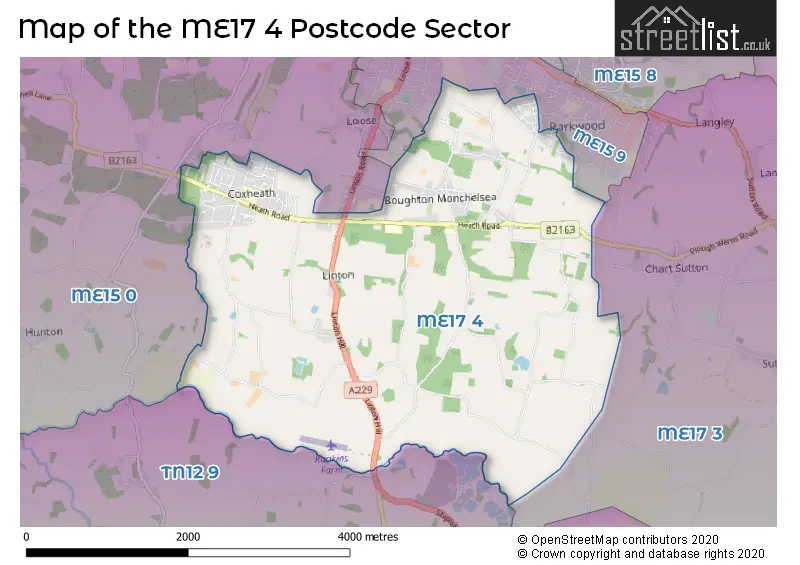 Map of the ME17 4 and surrounding postcode sector