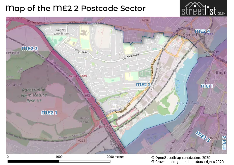 Map of the ME2 2 and surrounding postcode sector