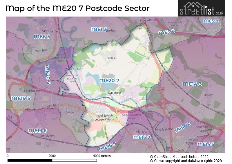 Map of the ME20 7 and surrounding postcode sector