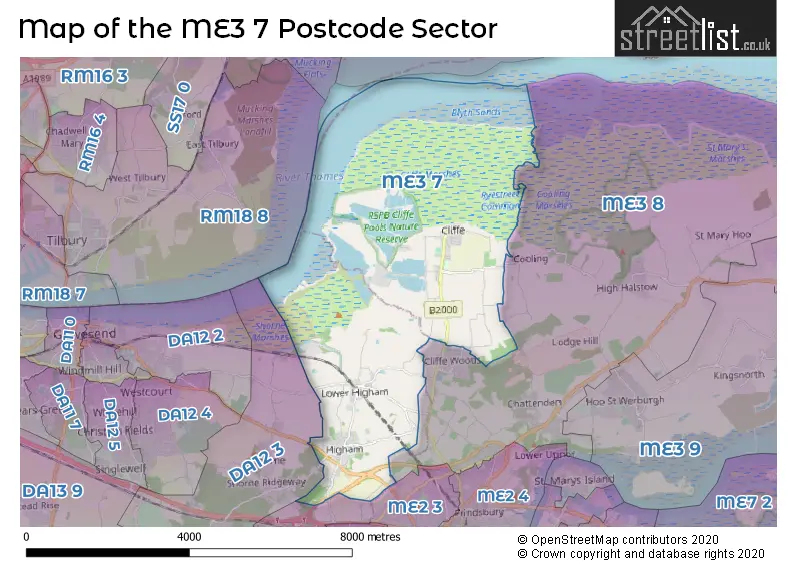 Map of the ME3 7 and surrounding postcode sector