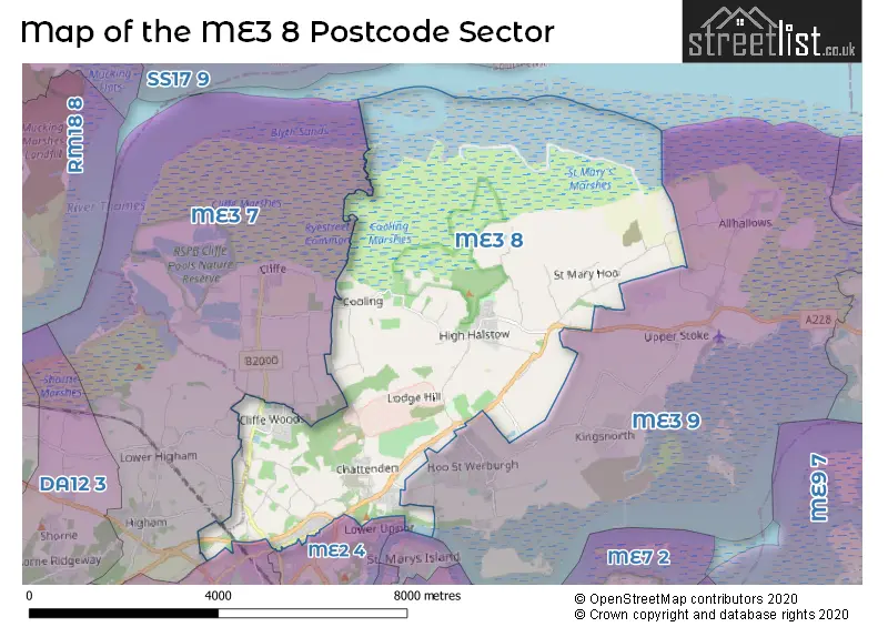 Map of the ME3 8 and surrounding postcode sector