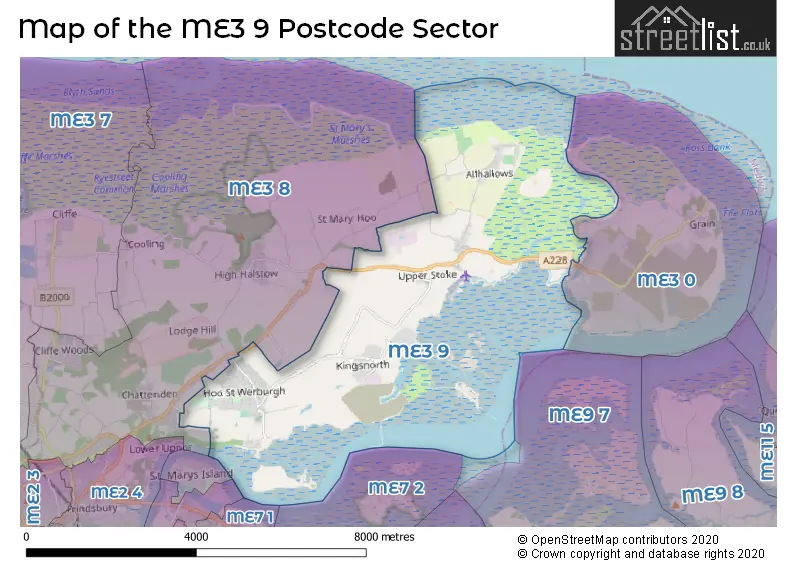 Map of the ME3 9 and surrounding postcode sector