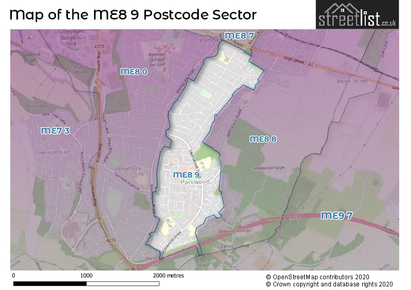 Map of the ME8 9 and surrounding postcode sector