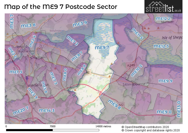 Map of the ME9 7 and surrounding postcode sector