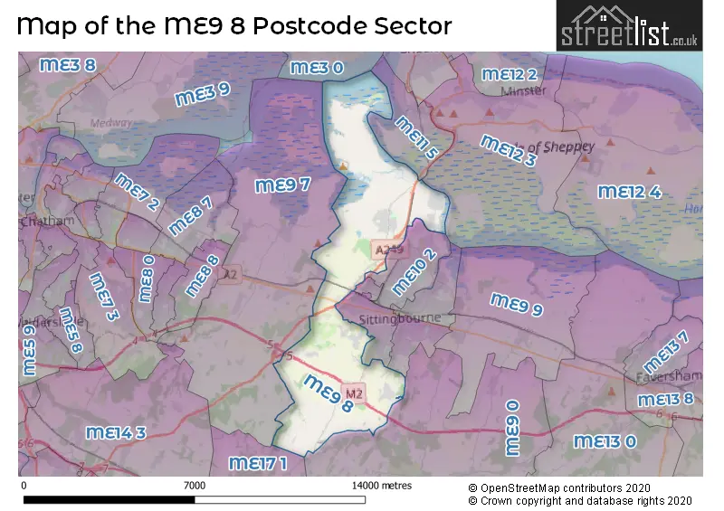 Map of the ME9 8 and surrounding postcode sector
