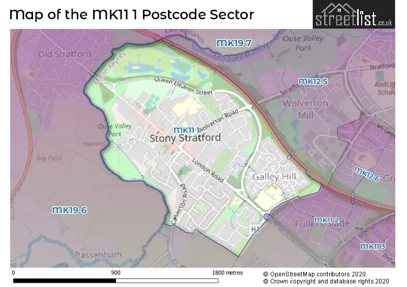 Map of the MK11 1 and surrounding postcode sector