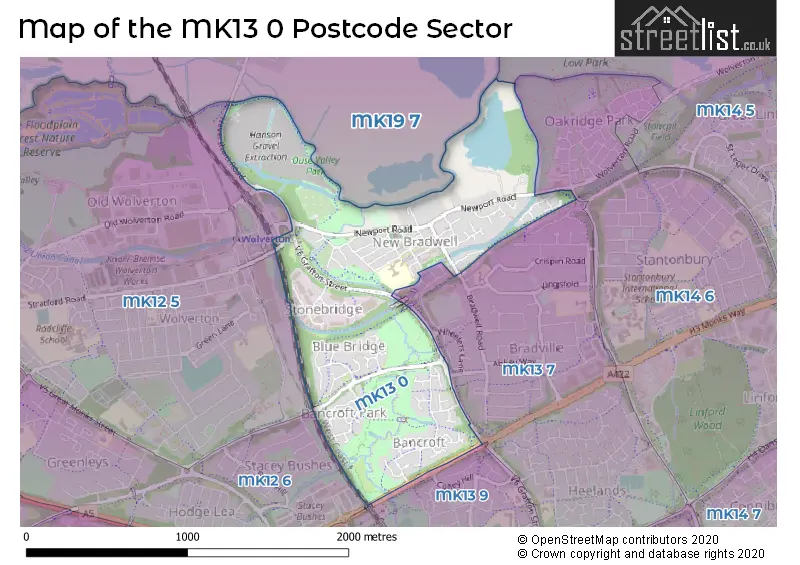 Map of the MK13 0 and surrounding postcode sector
