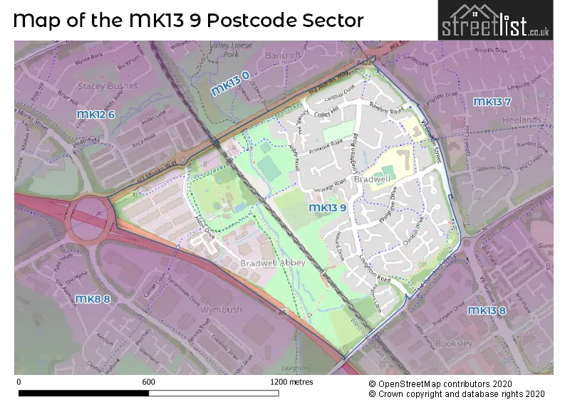 Map of the MK13 9 and surrounding postcode sector