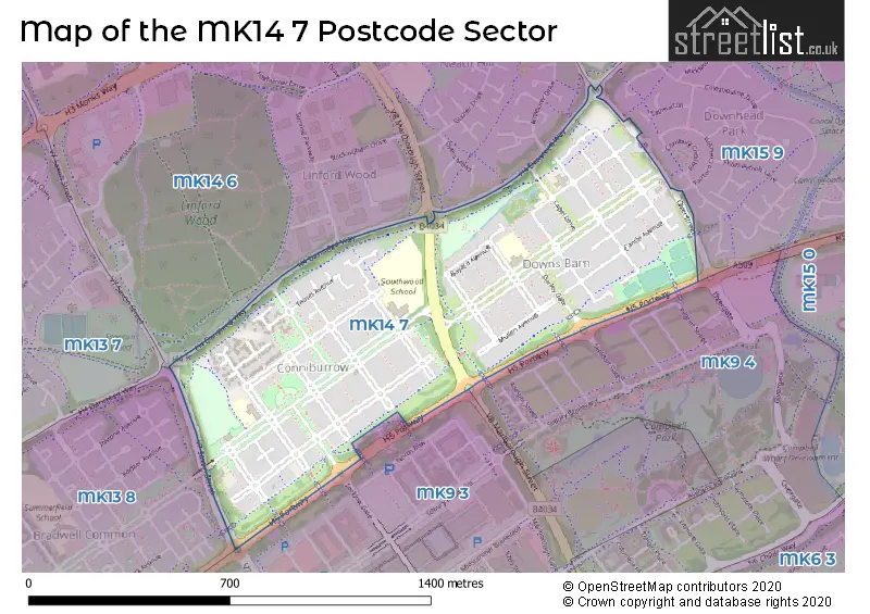 Map of the MK14 7 and surrounding postcode sector