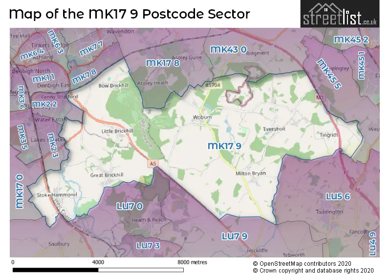 Map of the MK17 9 and surrounding postcode sector