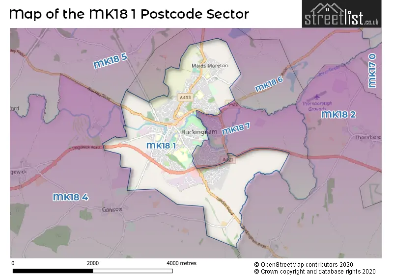 Map of the MK18 1 and surrounding postcode sector