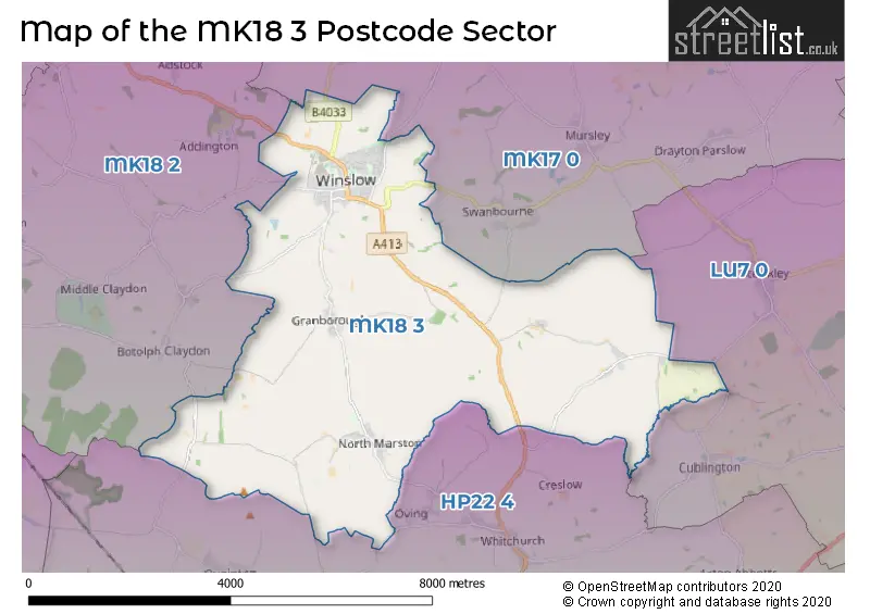 Map of the MK18 3 and surrounding postcode sector