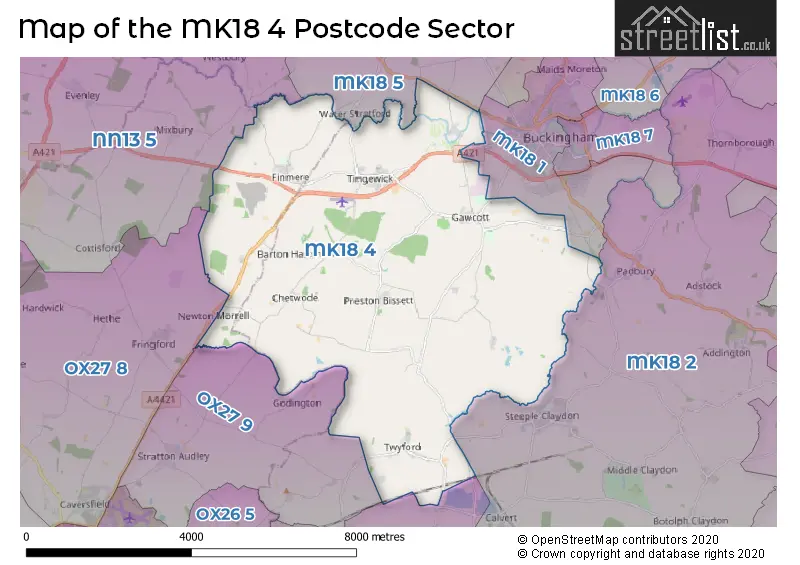 Map of the MK18 4 and surrounding postcode sector
