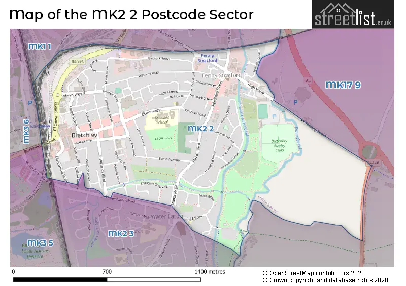 Map of the MK2 2 and surrounding postcode sector