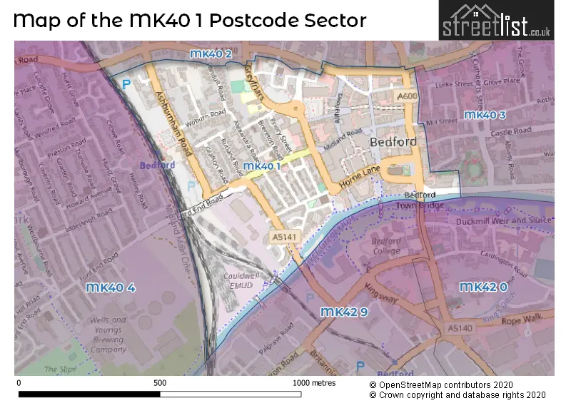Map of the MK40 1 and surrounding postcode sector