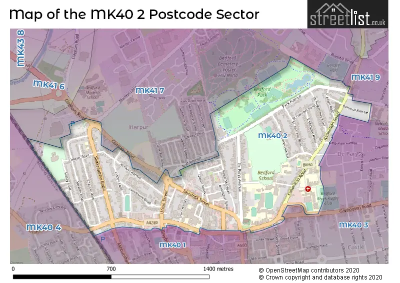 Map of the MK40 2 and surrounding postcode sector