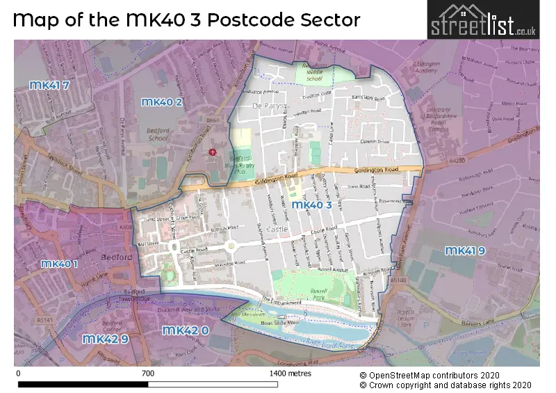 Map of the MK40 3 and surrounding postcode sector