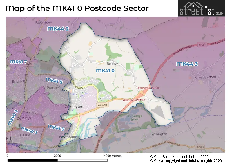 Map of the MK41 0 and surrounding postcode sector