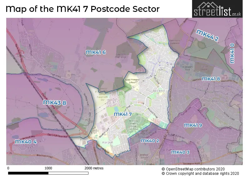 Map of the MK41 7 and surrounding postcode sector
