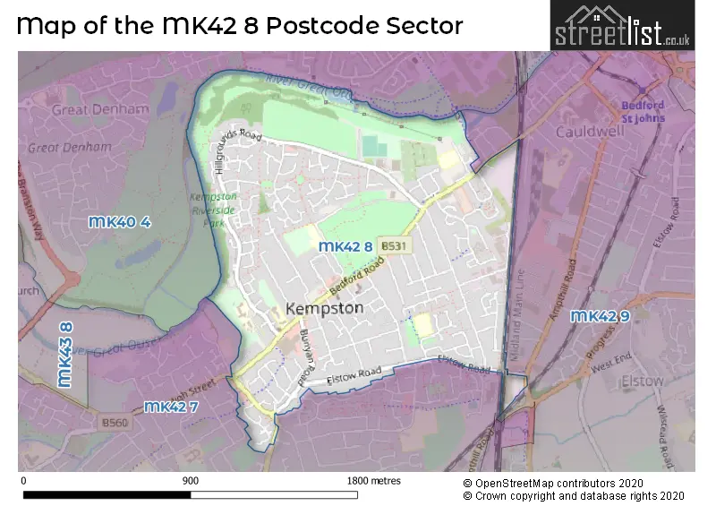 Map of the MK42 8 and surrounding postcode sector
