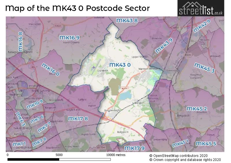 Map of the MK43 0 and surrounding postcode sector