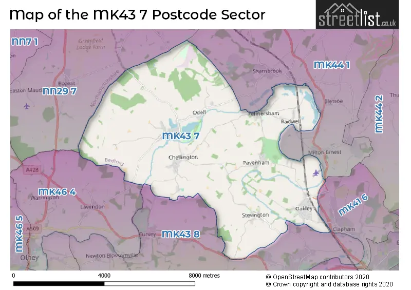 Map of the MK43 7 and surrounding postcode sector