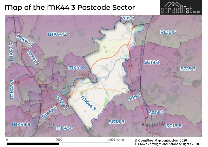 Map of the MK44 3 and surrounding postcode sector