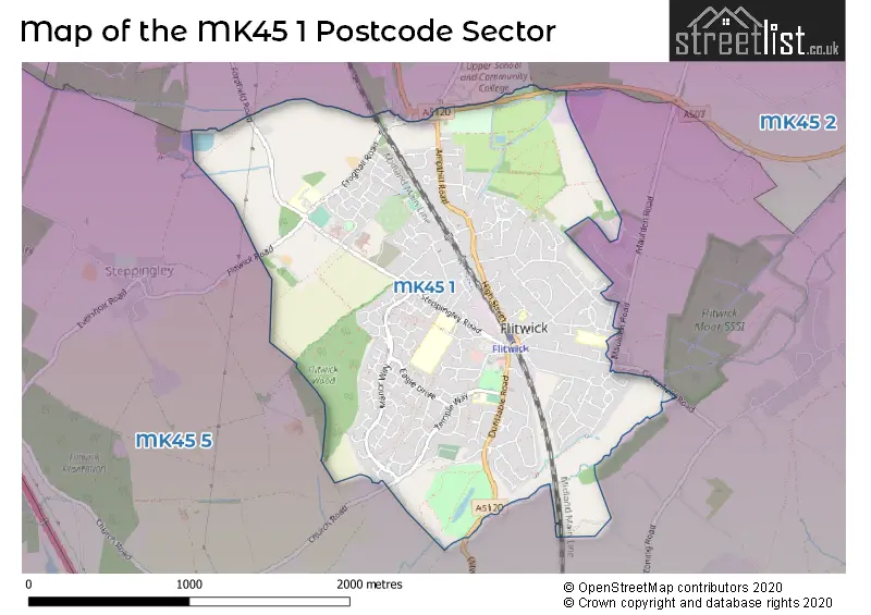 Map of the MK45 1 and surrounding postcode sector