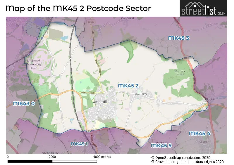 Map of the MK45 2 and surrounding postcode sector