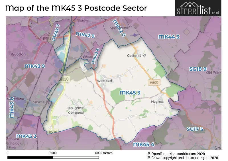 Map of the MK45 3 and surrounding postcode sector