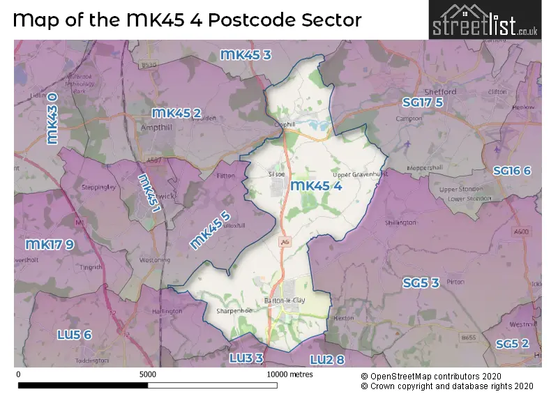Map of the MK45 4 and surrounding postcode sector