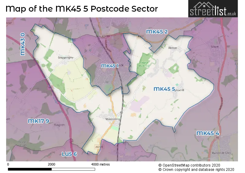 Map of the MK45 5 and surrounding postcode sector