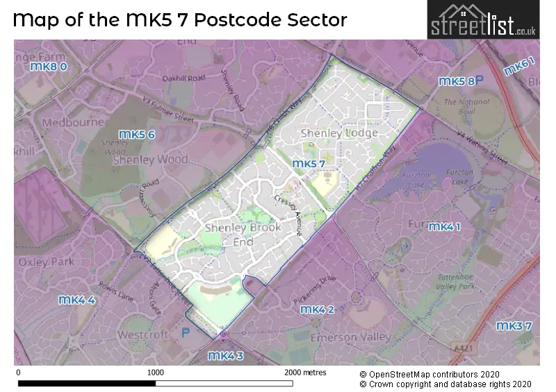 Map of the MK5 7 and surrounding postcode sector