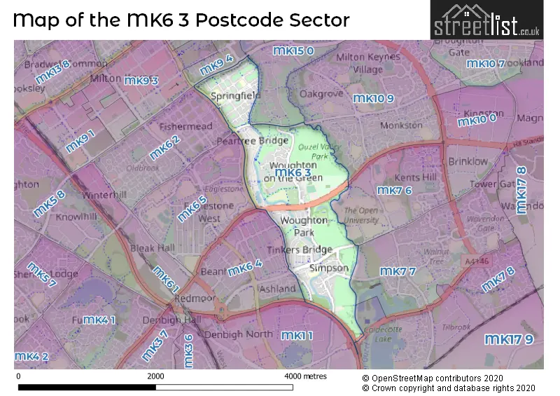 Map of the MK6 3 and surrounding postcode sector