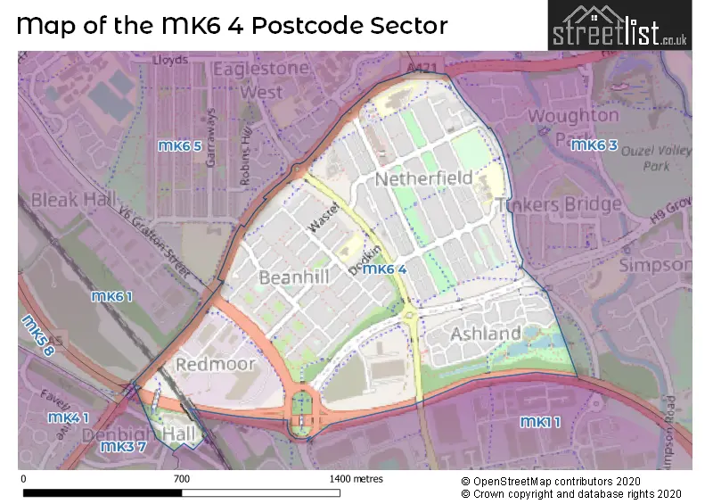Map of the MK6 4 and surrounding postcode sector