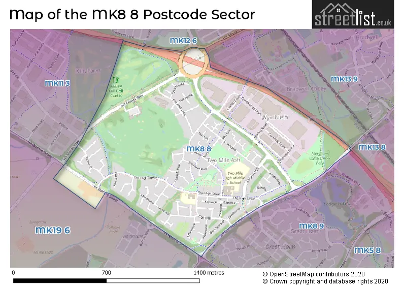 Map of the MK8 8 and surrounding postcode sector