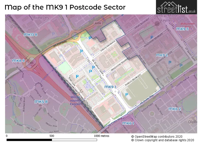 Map of the MK9 1 and surrounding postcode sector