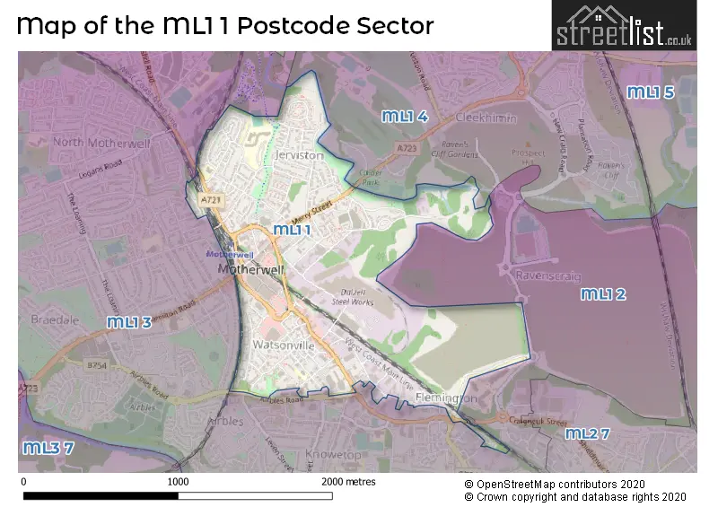 Map of the ML1 1 and surrounding postcode sector