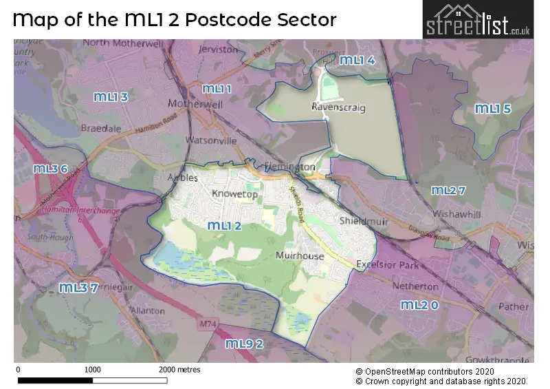 Map of the ML1 2 and surrounding postcode sector