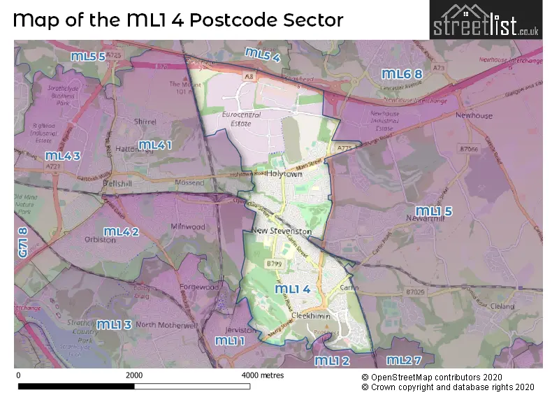 Map of the ML1 4 and surrounding postcode sector