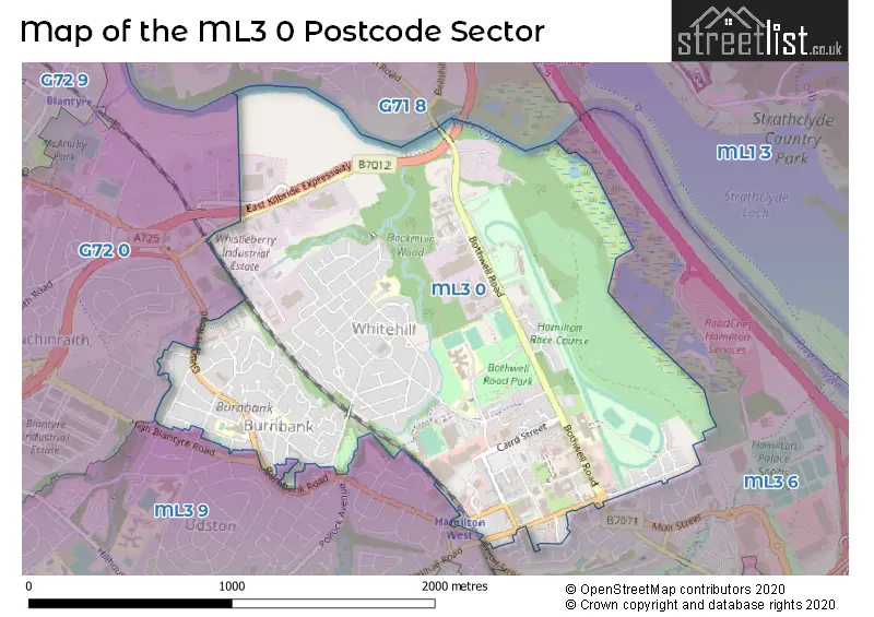Map of the ML3 0 and surrounding postcode sector
