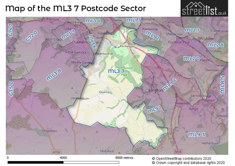 Map of the ML3 7 and surrounding postcode sector