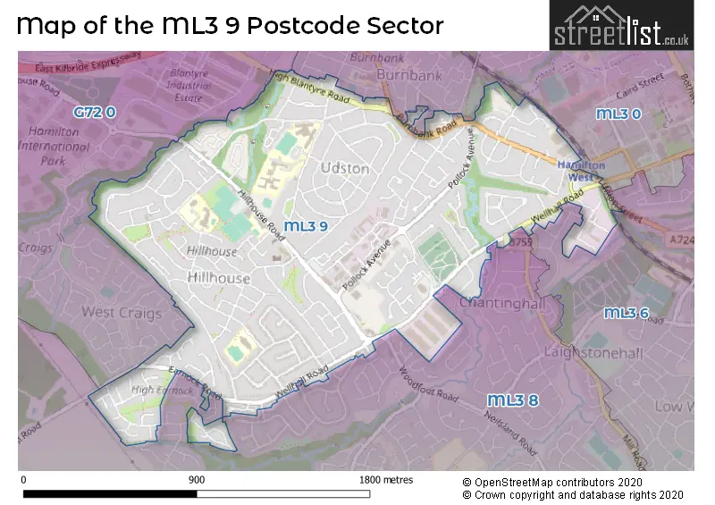 Map of the ML3 9 and surrounding postcode sector