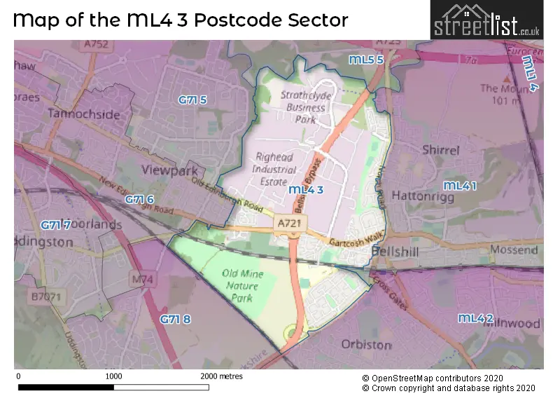 Map of the ML4 3 and surrounding postcode sector