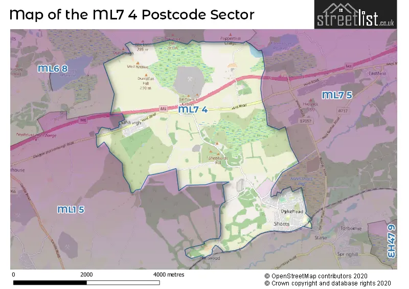 Map of the ML7 4 and surrounding postcode sector
