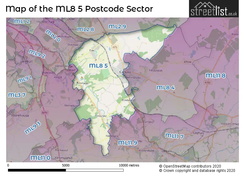 Map of the ML8 5 and surrounding postcode sector