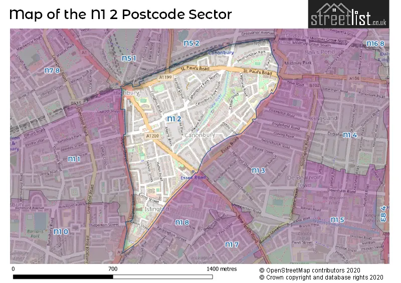 Map of the N1 2 and surrounding postcode sector