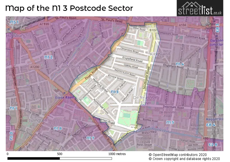 Map of the N1 3 and surrounding postcode sector