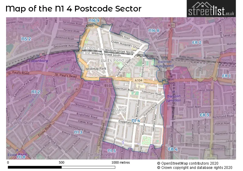 Map of the N1 4 and surrounding postcode sector